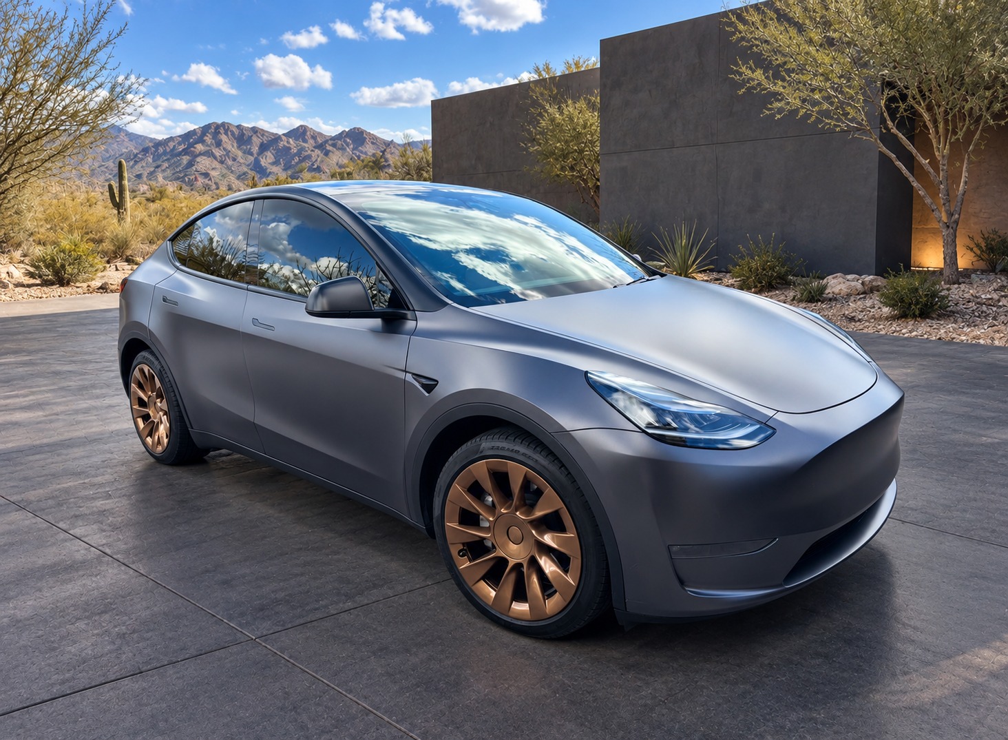 Tesla Model Y, Matte graphite · Bronze wheels, with an edited architectural desert background