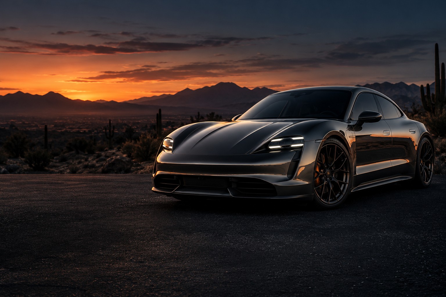 Concept image of a satin graphite sports sedan on an Arizona desert road