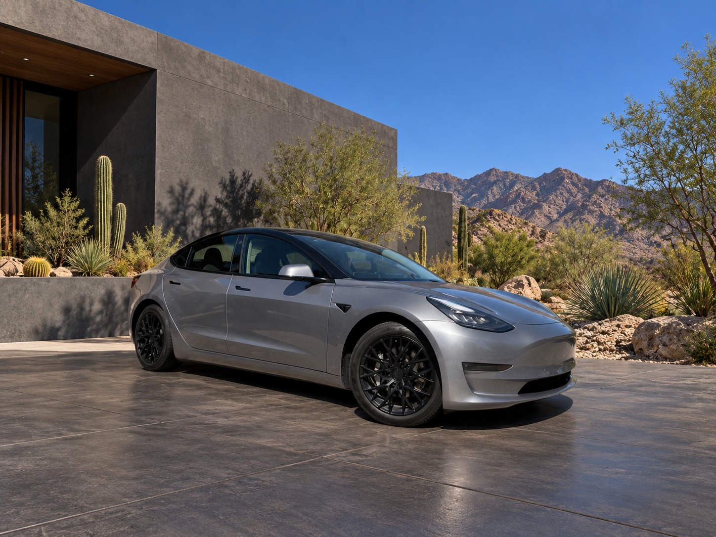 Tesla Model 3, Silver finish · Black wheels, with an edited architectural desert background