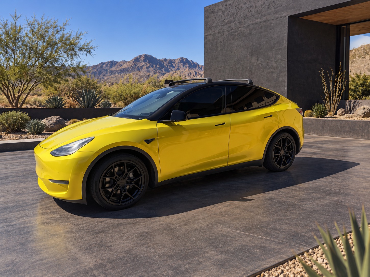 Tesla Model Y, Yellow finish · Black accents, with an edited architectural desert background